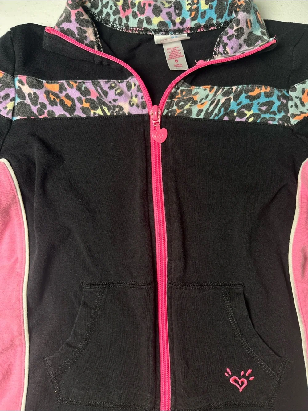 Justice Black & Hot Pink Zip Hoodie with Rainbow Leopard Trim